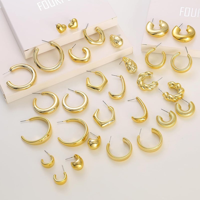 FOURPG 10 Pairs Hypoallergenic Chunky Gold Dangle Earrings for Women Trendy Thick Gold Plated Hoop Earrings Set Lightweight Jewelry - Image 4